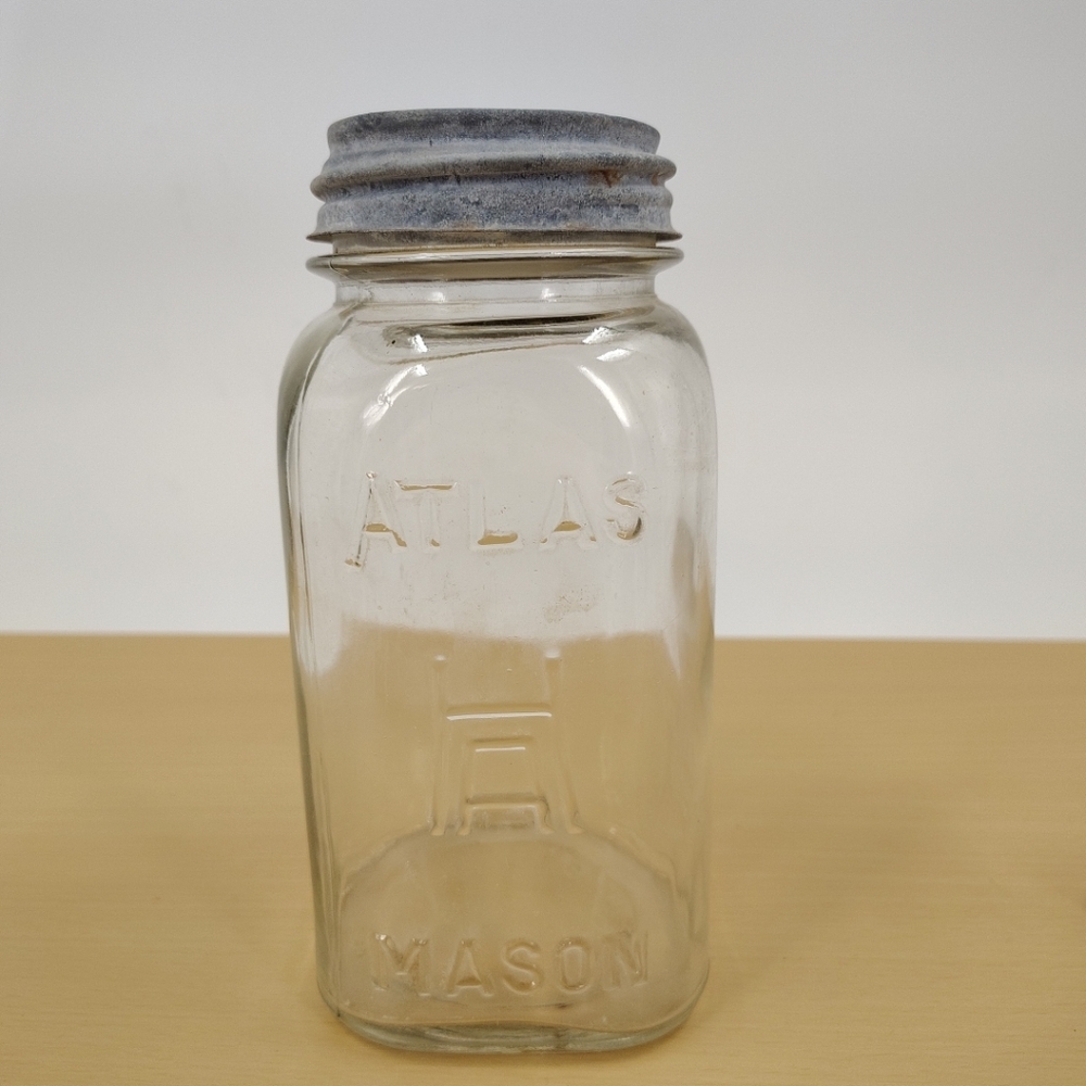 ATLAS String Mason Quart Clear Glass Canning Jar Square Jar Vintage Boyds Cap